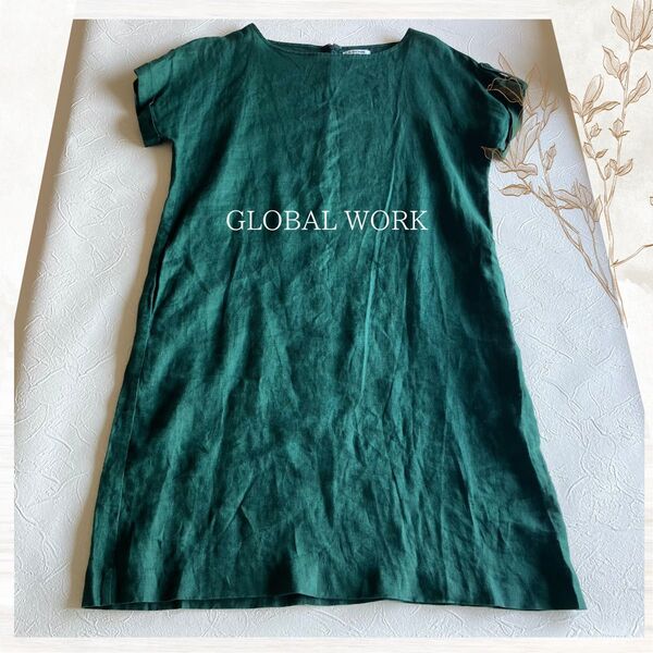 GLOBAL WORK リネン100% 緑 ひざ丈ワンピース M グローバルワーク