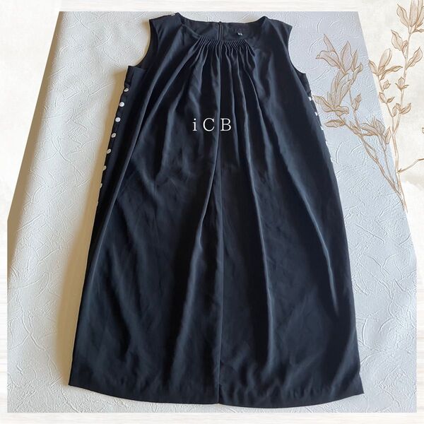 iCB ノースリーブワンピース 黒×ドット柄 L フォーマルにも◎ ひざ丈〜ロング