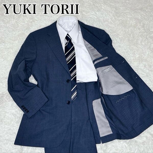 YUKITORII スーツ セットアップ ネイビー L 夏用 背抜き AB5 170cm 薄め 2B ストライプ