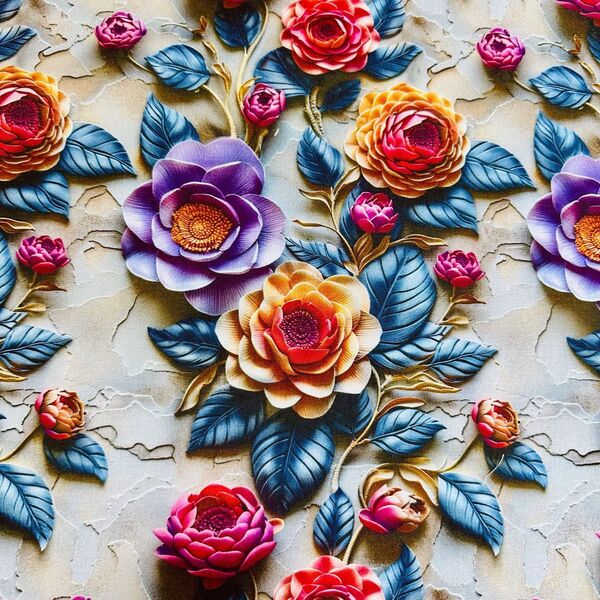 鮮やかなお花柄立体感 綿100%シーチング生地 110x100cm
