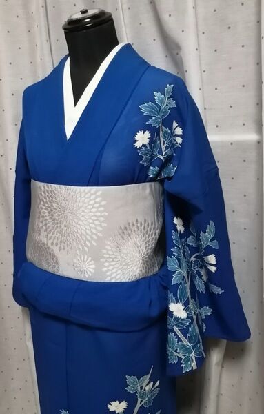 夏着物 単衣 絽 生絹 訪問着 群青色地に枝花柄