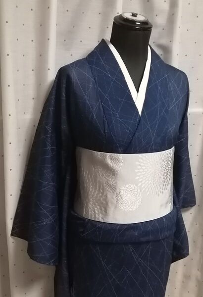 夏着物 単衣 絽 生絹 藍色地に点線の交差柄 広幅衿