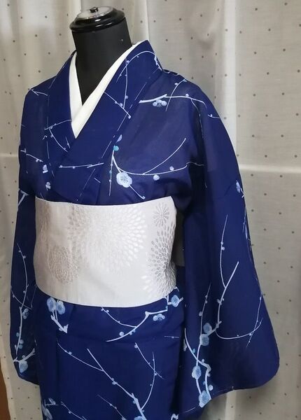 夏着物 単衣 絽 ポリエステル 洗える着物 紺色地に梅の枝柄