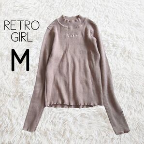 RETRO GIRL レトロガール/長袖ニット M ピンクベージュ モカ ハイネック メロー 無地 ロゴ
