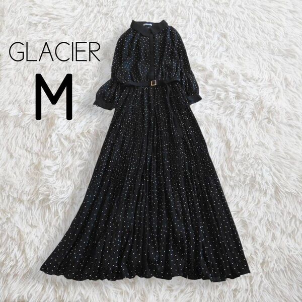 GLACIER グラシア honeys ハニーズ/ドットプリーツワンピース M ブラック 黒 7分袖 ロング 総柄 襟 ベルト付き