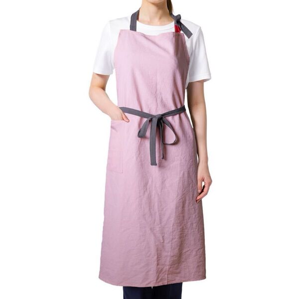 おしゃれ エプロン カフェエプロン 体型カバー 大判 ピンク グレー紐 DIY 料理 シンプル 可愛い 男女
