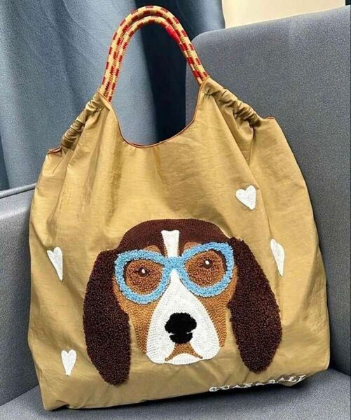 新品 刺繍 軽量 エコバッグ ナイロン Mサイズ ベージュ