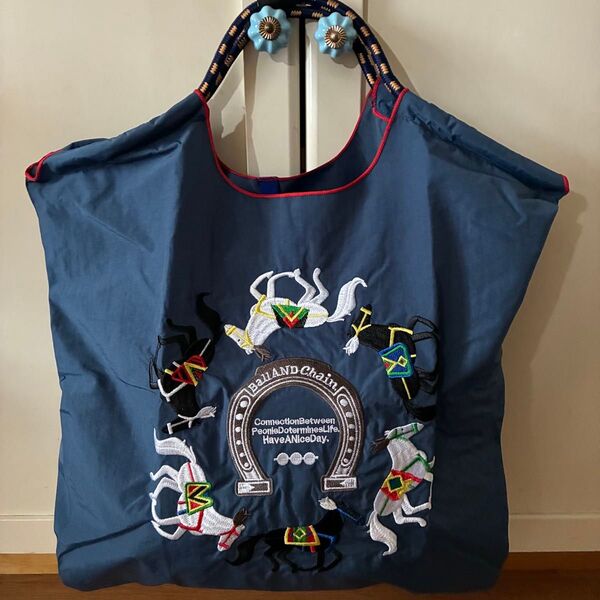 新品 馬 蹄鉄柄 刺繍 軽量 エコバッグ ナイロン Mサイズ ネイビー