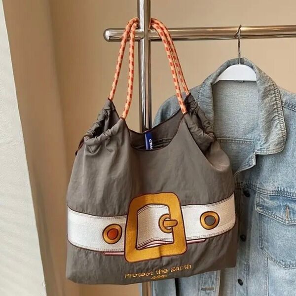 新品 バックル 刺繍 軽量 エコバッグ ナイロン Mサイズ グレー