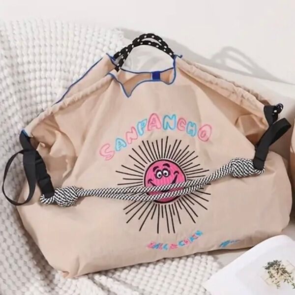 新品 刺繍 軽量 エコバッグ ナイロン Lサイズ ショルダーストラップ付き ベージュ