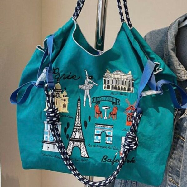 新品 刺繍 軽量 エコバッグ Mサイズ ショルダーストラップ付き ターコイズブルー