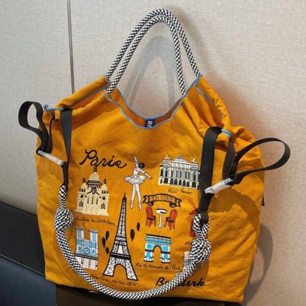新品 刺繍 軽量 エコバッグ Mサイズ マスタードイエロー