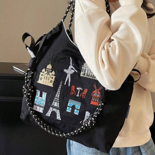 新品 刺繍 軽量 エコバッグ ナイロン Mサイズ ショルダーストラップ付き ブラック