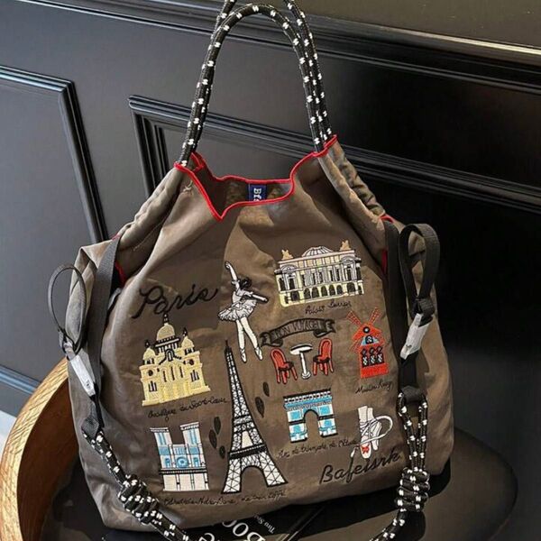 新品 刺繍 軽量 エコバッグ Mサイズ ショルダーストラップ付き グレー