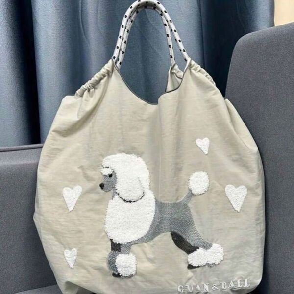 新品 刺繍 軽量 エコバッグ ナイロン Mサイズ ライトグレー
