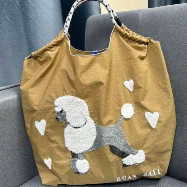 新品 刺繍 軽量 エコバッグ ナイロン Mサイズ ベージュ