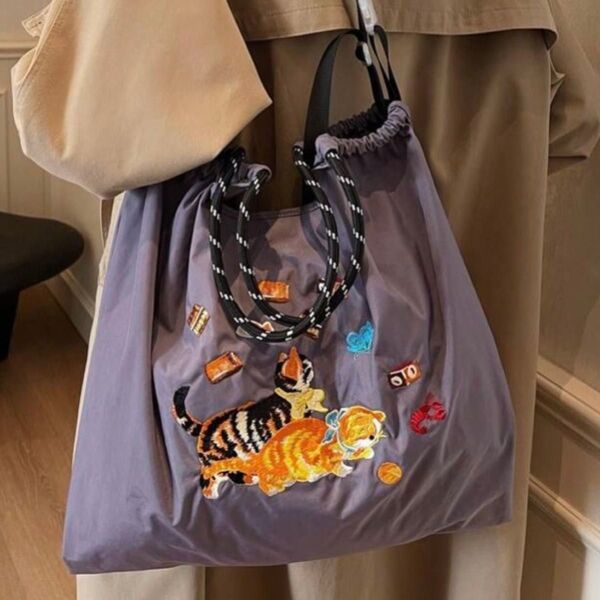 新品 刺繍 軽量 エコバッグ ナイロン 大きめ ショルダーストラップ付き グレー
