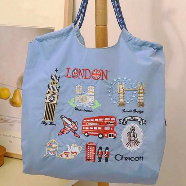 新品 London 刺繍 軽量 エコバッグ ナイロン Mサイズ ブルー