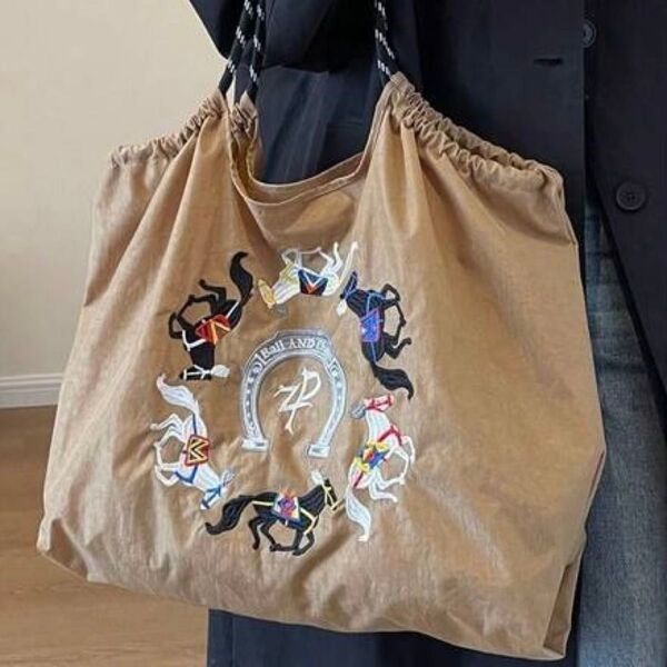 新品 刺繍 軽量 エコバッグ ナイロン 大きめ キャメル