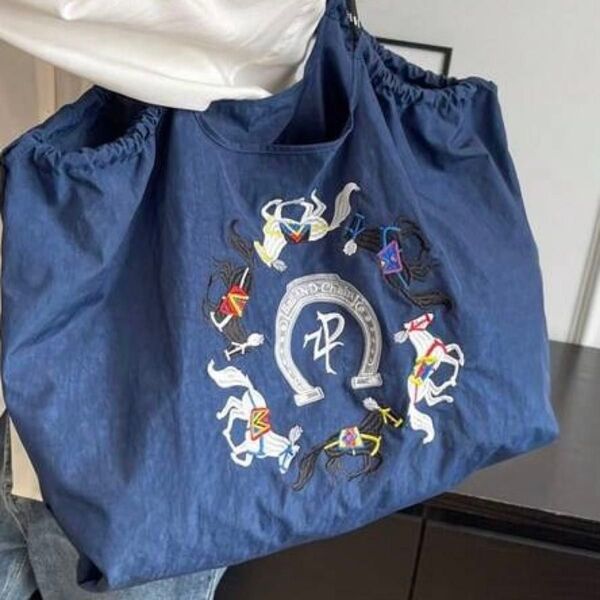 新品 刺繍 軽量 エコバッグ ナイロン 大きめ トートバッグ ネイビー