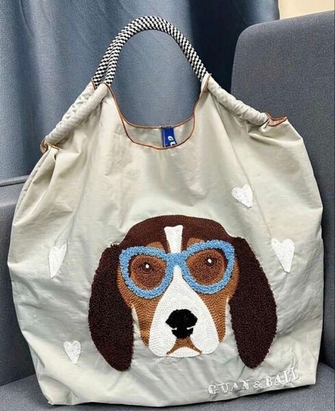 新品 刺繍 軽量 エコバッグ ナイロン Mサイズ ライトグレー