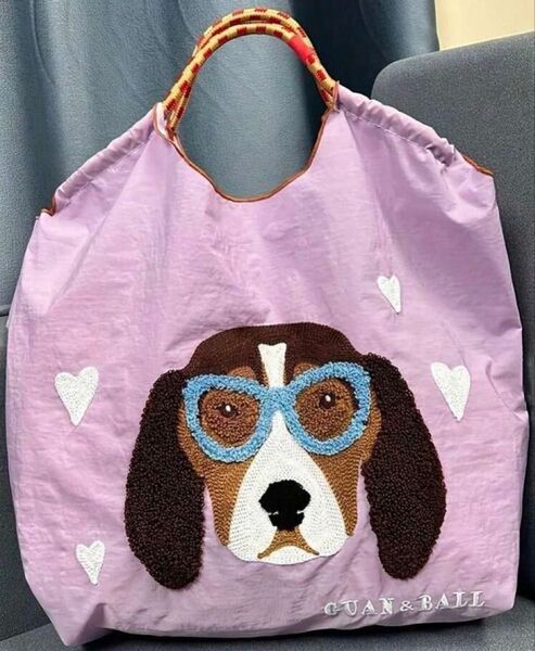 新品 刺繍 軽量 エコバッグ ナイロン Mサイズ ラベンダー
