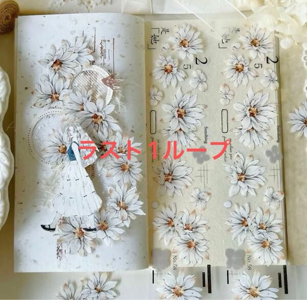 【No1698】海外マステ・白菊レトロフラワーPETテープ・1ループ・切り売り・5.5×120cm【ロングループ】コラージュ素材