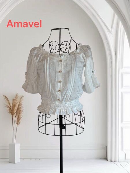 【Amavel】アマベル オフショルダー キャンディスリーブ ブラウス シャーリング パール調ボタン コットン FREE 半袖