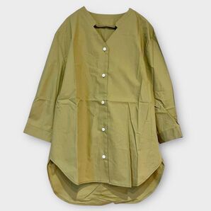 *Vネックシャツ 変形ヘム 7分袖 ゆったりめ コットン100 カーキ M レディース