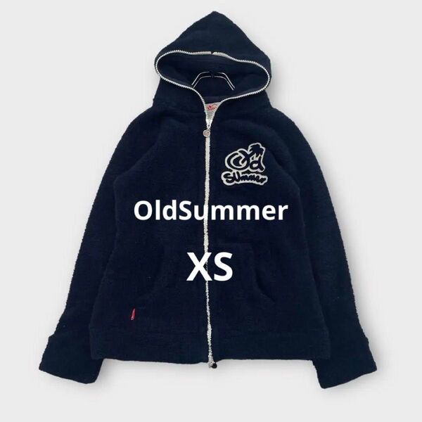 オールドサマー/パイル地ジップパーカー ボア 胸ロゴ アメカジ XS 紺 アウター トップス