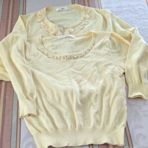 of-u 七分袖ニット&半袖カーディガン 2枚セット イエロー M