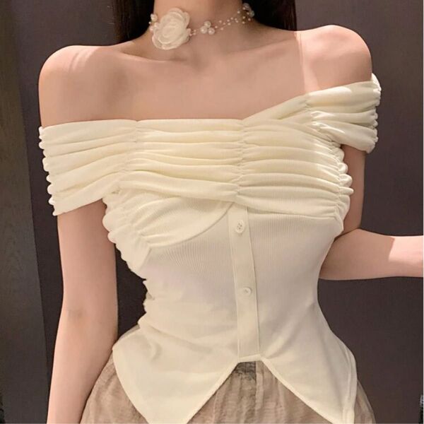 shein プリーツ ノースリーブ トップス レディース オフショルダー 夏 ホワイト ブラウス 半袖 白 DHOLIC