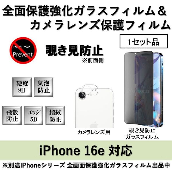 iPhone 16e 覗き見防止全面保護強化ガラスフィルム&背面カメラレンズ用透明強化ガラスフィルムセット