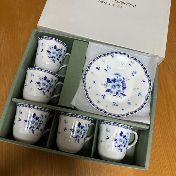 コーヒーカップ セット 5客セット 花柄 ブルー HOYA Bone China 新品未使用