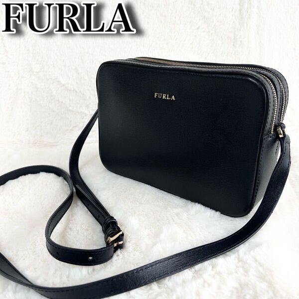 【極美品】FURLA フルラ ショルダーバッグ カメラバッグ レザー 本革 クロスボディ 斜め掛け ダブルファスナー ブラック 黒
