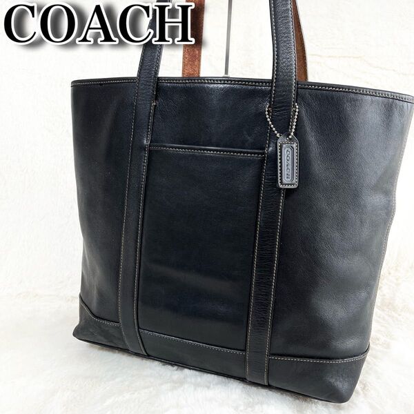 COACH コーチ オールレザー 本革 ステッチ トートバッグ A4可 肩掛け ビジネス ブラック 黒