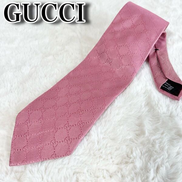 【美品】GUCCI グッチ イタリア製 GG柄 シルク 光沢感 ネクタイ ピンク