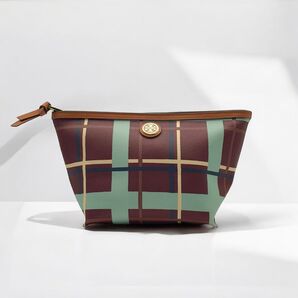 【未使用品】TORY BURCH トリーバーチ ポーチ 小物入れ メイクポーチ チェック 舟形 ゴールド金具