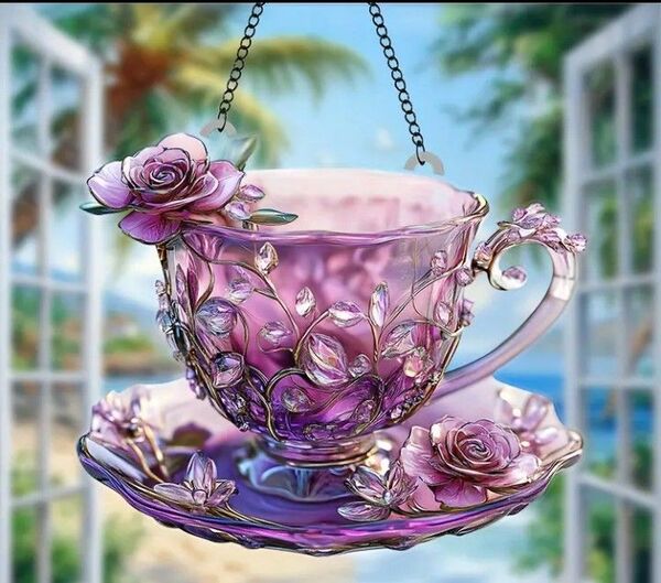【新品】アクリル サンキャッチャー ステンドグラス風 インテリア 雑貨 コーヒーカップ ティーカップ カフェ 飾り