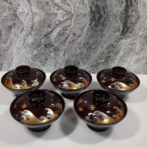 合成漆器 汁椀 5個セット 金彩蒔絵の波千鳥模様 年代物