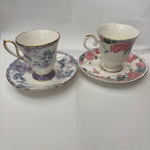 ティーカップ&ソーサー 2客セット バラ柄 花柄 ピンク パープル