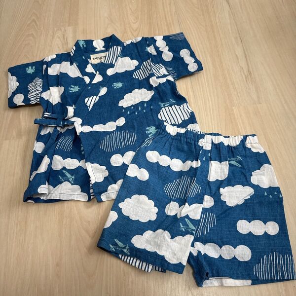 ベビー甚平 夏物浴衣 男の子向け 空、雲、飛行機 80cm 甚平 男の子 お祭り キッズ 浴衣 じんべい 綿100 総柄