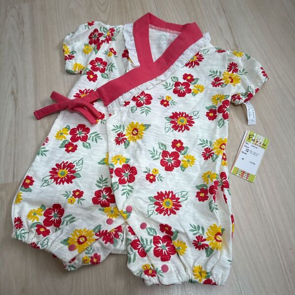 新品ベビー半袖ロンパース型花柄甚平 60-70cm 綿100% 女の子 女の子 甚平 子供服 ベビー服 浴衣 キッズ