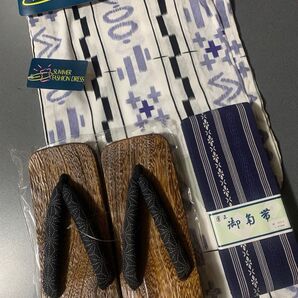 新品 特選浴衣&高級桐下駄&本角帯3点セット メンズ和装 白地幾何学模様