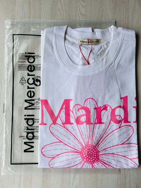 新品 マルディメクルディ Mardi Mercredi 花柄Tシャツ 半袖 ホワイト × ピンク