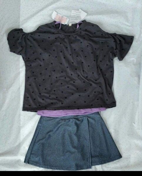 新品 キッズ160 水着 女の子 キッズ セパレート水着 キュロット ハート 上下セット 肩出し パープル