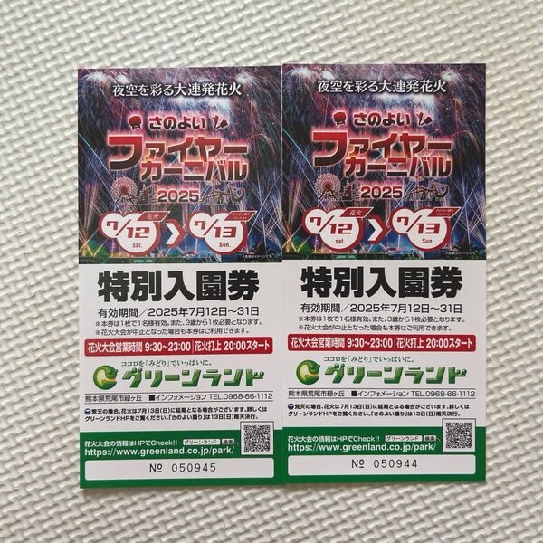 グリーンランド さのよいファイアーカーニバル 特別入園券 2枚