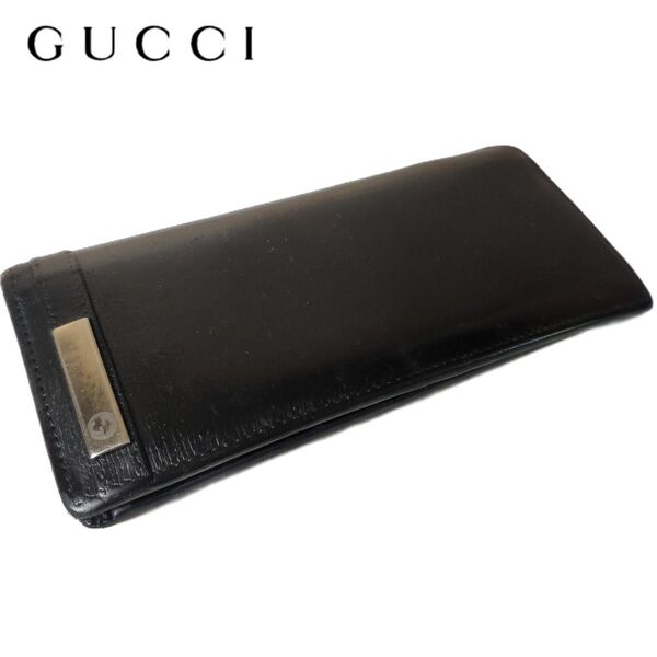 GUCCI グッチ 長財布 二つ折り レザー 金具 無地 ロゴ 黒 シリアル ウォレット 財布