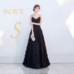 ブラックドレス フェザードレス ロング 結婚式 前撮り 二次会 パーティー 黒
