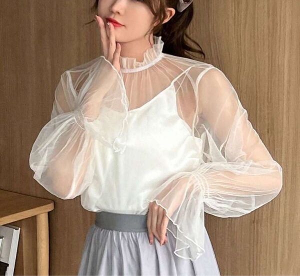 SHEIN FRIFUL レディース ブラウス 長袖 フリル装飾 シースルー